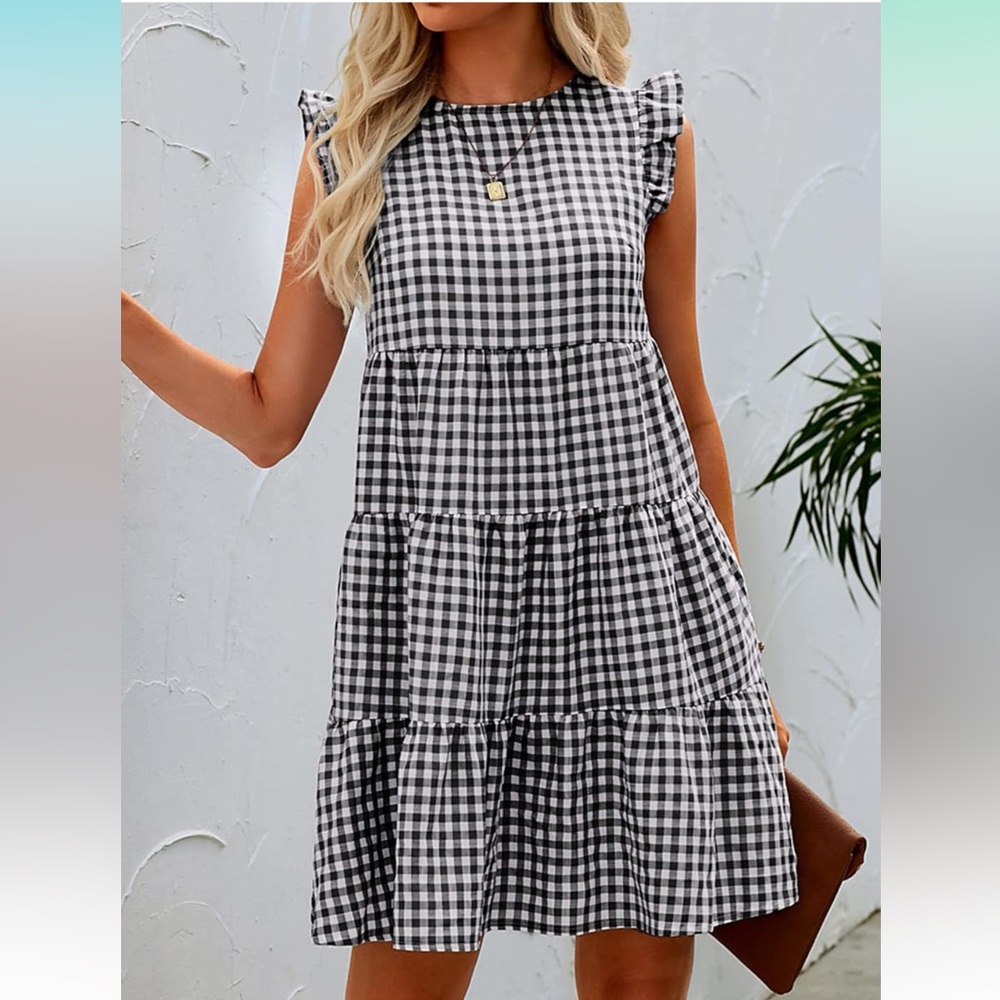 Loose Ruffle Sleeveless Dress in Black Gingham